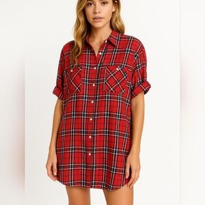 New Ascot & Hart Red Plaid Oversized‎ Button Down Shirt Grunge Flannel S